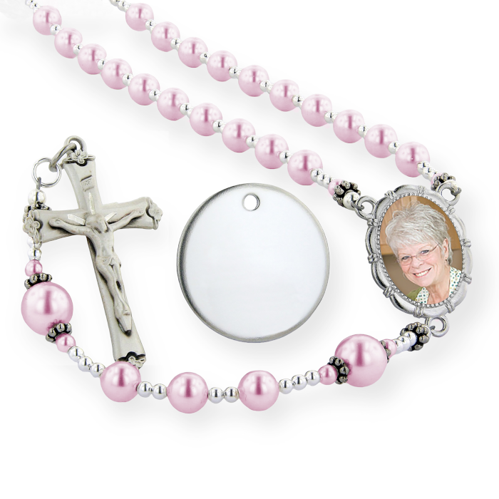 Simulated Pearl and Polished Bead Rosary with Photo and Engravable